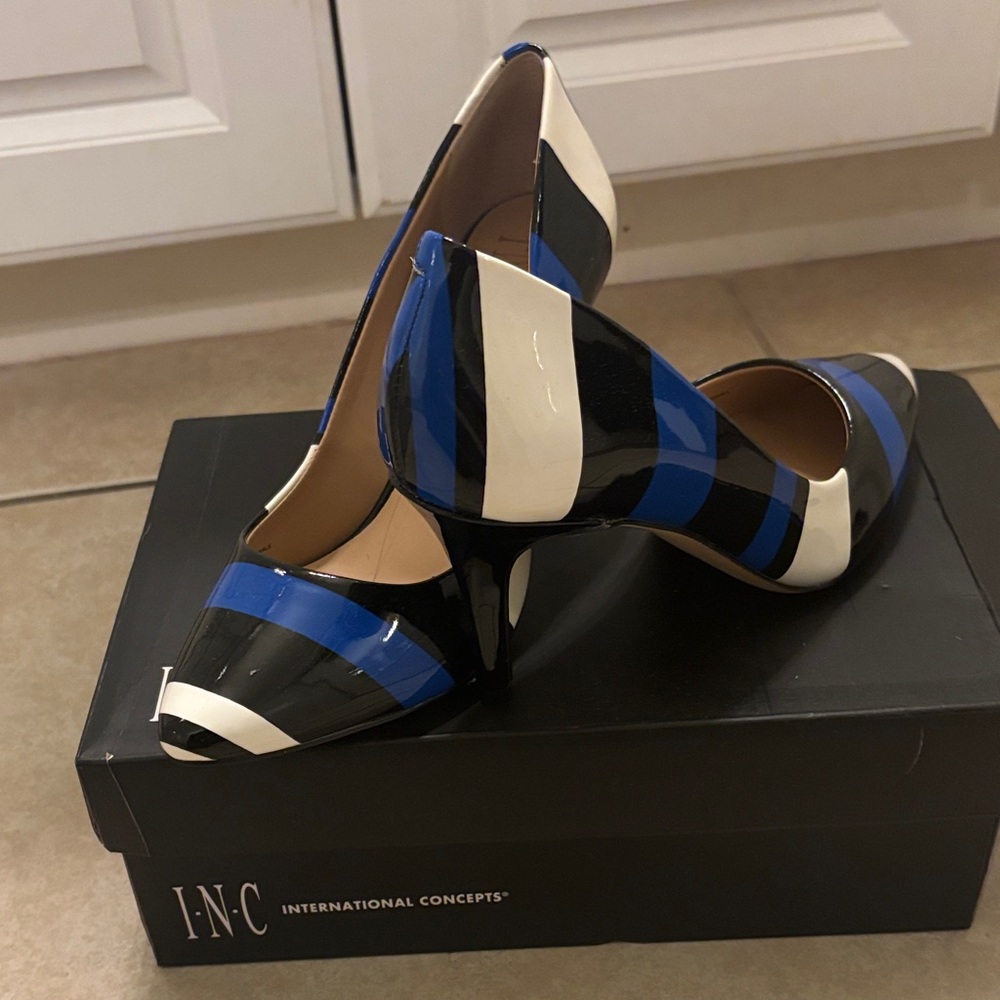 INC International Concepts Striped Black, Blue, and White Heels